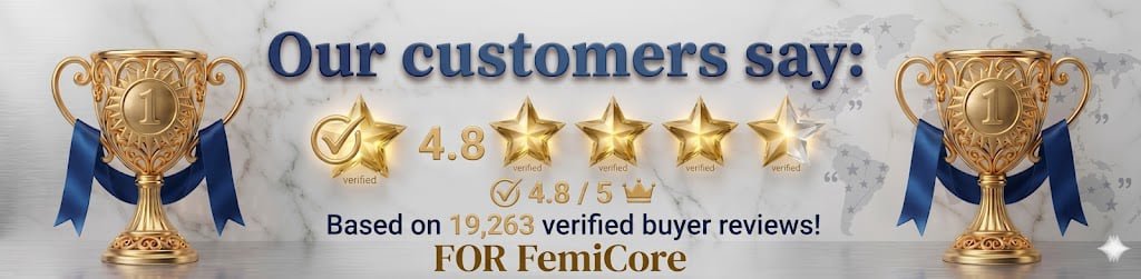 femicore customer testimonial rating banner showing 4.8 stars and 19,263 verified reviews