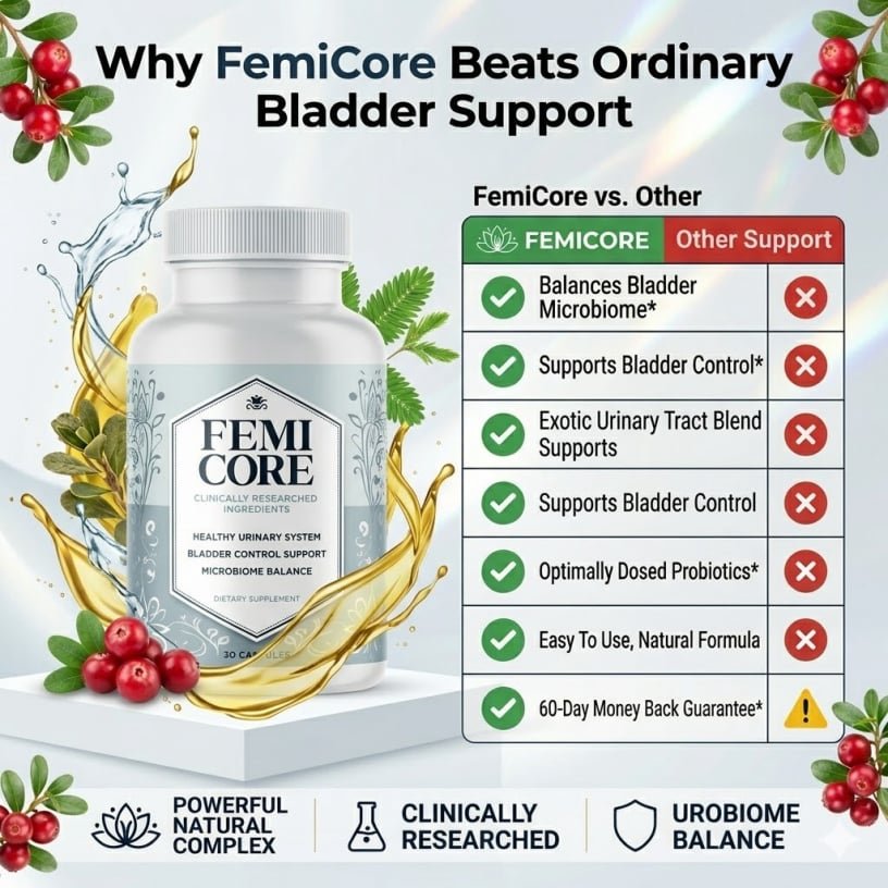 Comparison chart showing FemiCore bladder support supplement benefits